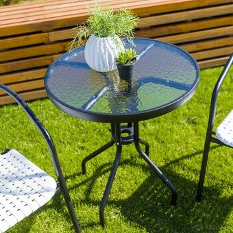 Jedálenský stôl, čierna oceľ/tvrdené sklo, priemer 60 cm