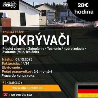 HĽADÁME POKRÝVAČOV 🔧🇩🇪 28€/hodina