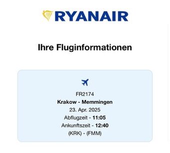 Predám letenku Krakow - Memmingen 23.4. 2025 jednosmernú