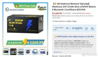 Nová LiFePo4 24v batéria Wattcycle (25.6v 314 Ah)