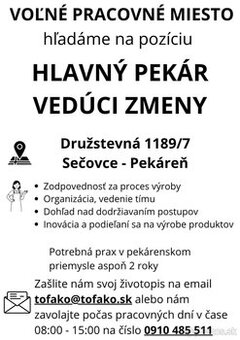 Hlavný pekár / pekárka / Vedúci / Vedúca remeselnej výroby