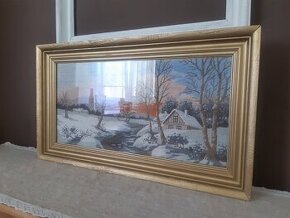 Vyšívaný obraz  Zimná krajinka v kvalitnom drevenom ráme