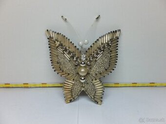 Starožitná krásná perličková zlatostříbrná velká brož, motýl