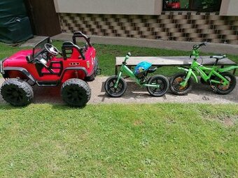 Detské elektrické autíčko, odrazadlo a bicykel 12" + prilba