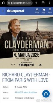 Predám 2 vstupenky Richard Clayderman