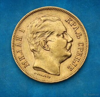 Zlaté 20 Dinara 1882 V - Milan I. - Srbsko - Krásne - R