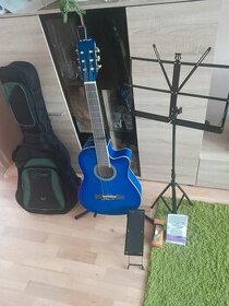 Modrá gitara špalielka 1-celová s príslušenstvom
