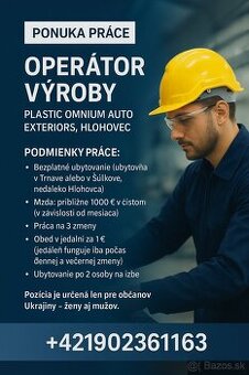 Operátor výroby v Hlohovci – mzda 1 289 € / mesiac