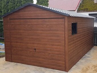 Plechová garáž 3,5 × 5 m – Sedlová strecha, orech