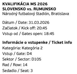 2x Vstupenka Slovensko - Rumunsko