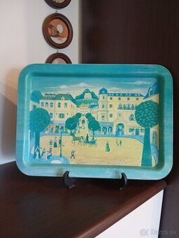 tácka/podnos, kovová, s motívom starého mesta
