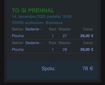 Predám lístky na show TO SI PREHNAL