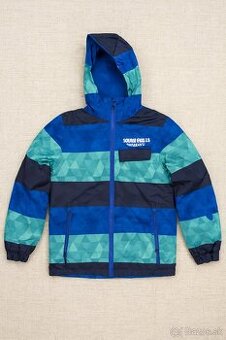Detská zimná bunda 146–152, kapucňa, modro–tyrkysová