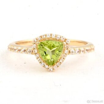 14k Zlatý prsteň s prírodným žltozeleným Peridotom a Zafírmi