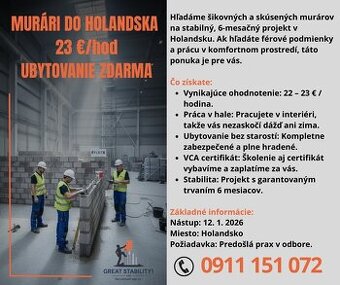 MURÁRI DO HOLANDSKA – 23 €/hod + UBYTOVANIE ZDARMA