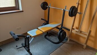 Cvičiaca lavička s veľkou tyčou a 140kg závažia