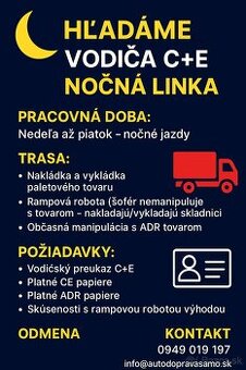 🌙 Hľadáme vodiča C+E – nočná linka Pezinok