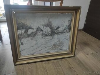 olejomalba , obraz- chalupky v zime.