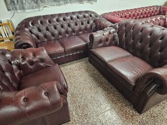 CHESTERFIELD ŠTÝL,KOŽENÁ TMAVOBORDOVÁ 3+2+1,
