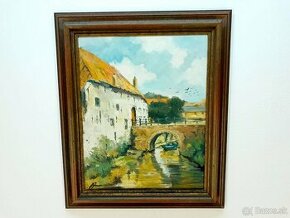 Starý obraz - olejomaľba - Vidiecky dom s mostom - paintings
