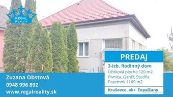 Výhradne: 3-izb. Dom, 1189 m2, Krušovce, okr. Topoľčany