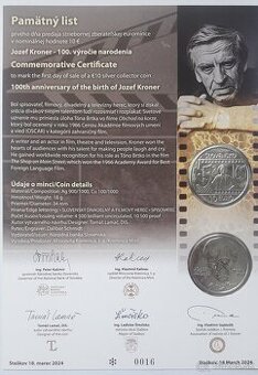 Pamätny list Jozef Kroner s originál podpismi c 19.