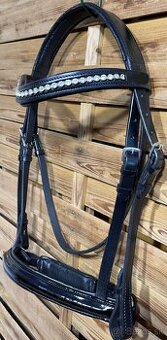 Uzdečka anglická černá s čelenkou s bílými krystaly + otěže - 1