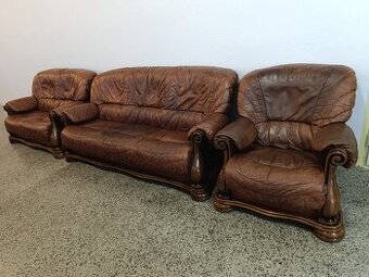 Kožená sedací souprava 3 + 2 + 1, nábytek z masívu