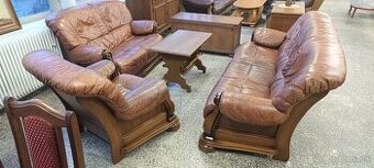 Kožená sedací souprava 3 + 2 + 1, nábytek z masívu