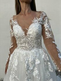 Nové čipkové trblietavé svadobné šaty s dlhým rukávom - 1