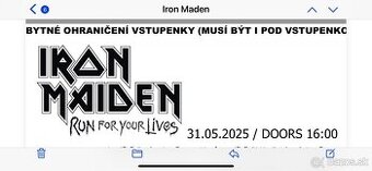 Vstupenky 2ks Iron Maden 2025 Praha