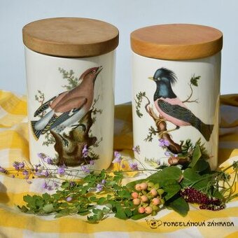 Dve vintage veľké dózy s dreveným vrchnákom Vtáky
