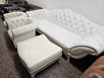 CHESTERFIELD ŠTÝL,KOŽENÁ BIELA,ZĽACNENÁ
