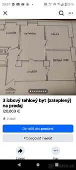3 izbový tehlový zateplený byt na predaj