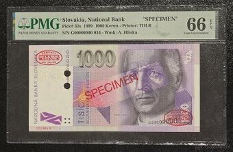 1000 Sk 1999 G anulát s pečaťou DeLaRue ,PMG 66 TOP POP