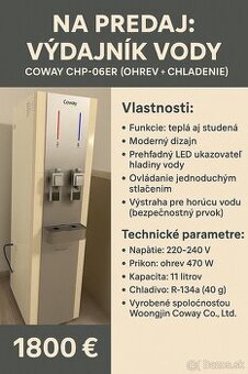 Na predaj výdajník vody Coway CHP-06ER (ohrev + chladenie)