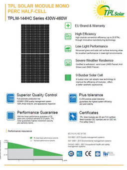 Predám nové fotovoltaické panely TPL Solar, 460W, 22ks