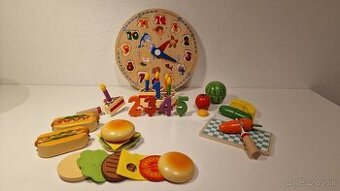 Sada drevených hračiek – Krájacie jedlo+edukačné hodiny