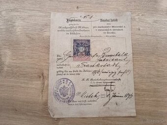 Poľovnícky lístok, Honební lístek, 1895 Rakúsko Uhorsko