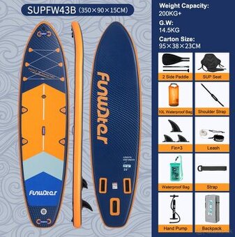 Paddleboard 350cm so sedačkou, 3 plutvy