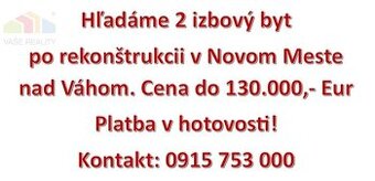 Hľadáme 2 izbový byt v Novom Meste nad Váhom