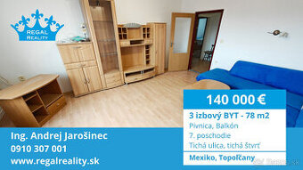 Veľkometrážny 3-IZB.  BYT, Balkón, Pivnica, 78 m2, Topoľčany