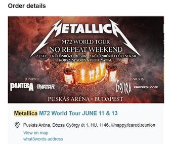 1 lístok na koncert METALLICA BUDAPEST oba dni 11.a 13.6.