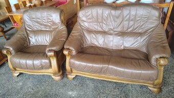 Kožená rustikální sedací souprava, křeslo, gauč, masív