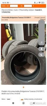 Predám pneumatiky Bridgestone Turanza 215/55R17