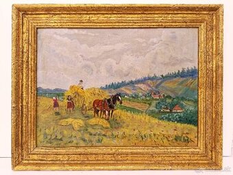 Obraz- Launner, Žně, olej na kartonu 44x56