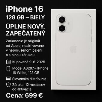 iPhone 16 – 128 GB – BIELY – NOVÝ, ZAPEČATENÝ