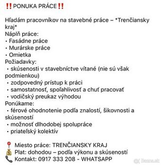Hľadám pracovníkov na stavebné práce – Trenčiansky kraj