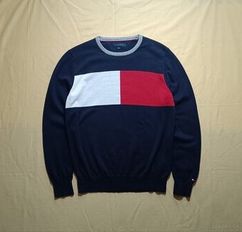 Tommy Hilfiger modrý tenký sveter svetrík s veľkým logom S/M