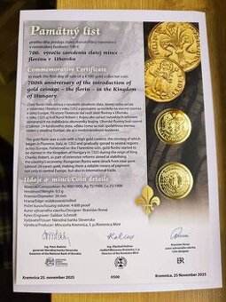 Pamätný list Zavedenie zlatej mince - dukátu v Uhorsku